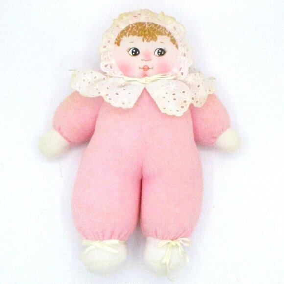 Vintage Russ Terry Cloth Baby Doll Rattle Plush Printed Fabric Face 8"       I - Picture 1 of 3